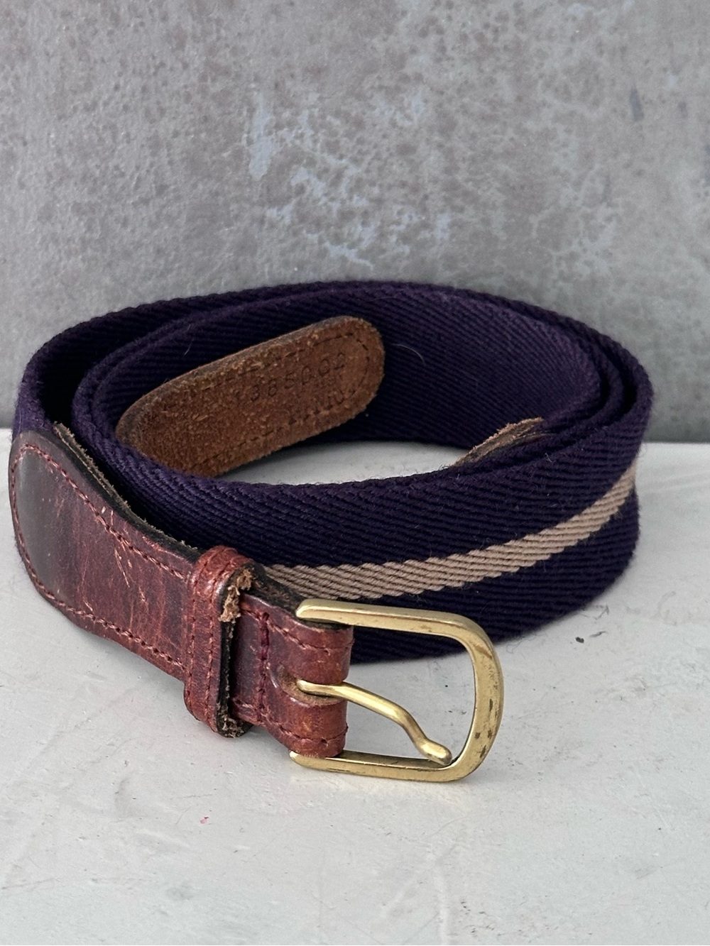 VINTAGE LEATHER CANVAS STRIPED BELT BRASS BUCKLE 34